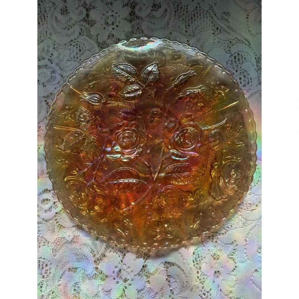 Vintage Carnival Glass Marigold Rose Bowl Iridescent Floral Serving Bowl
